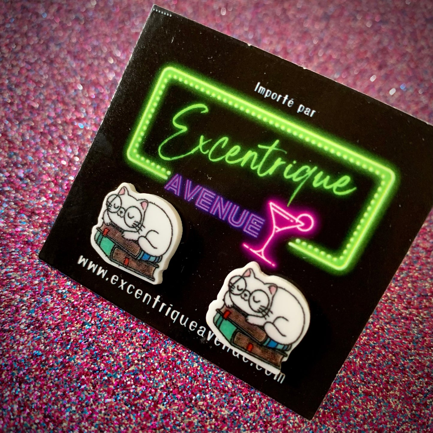 Boucles d’oreilles Chat à lunettes sur des livres