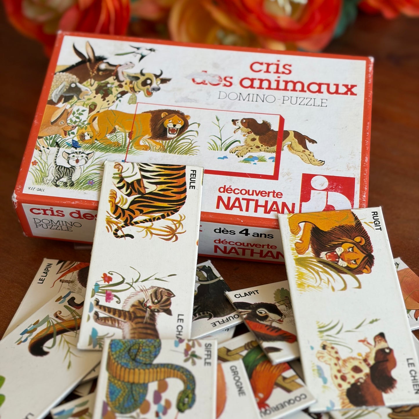 Cris des animaux Nathan 1979 – Domino-Puzzle vintage – Jeu éducatif français – 28 pièces complet